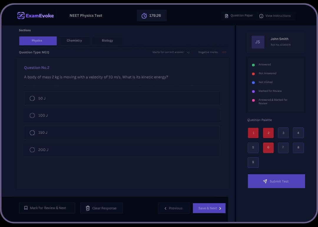 Examevoke NEET online exam platform dashboard